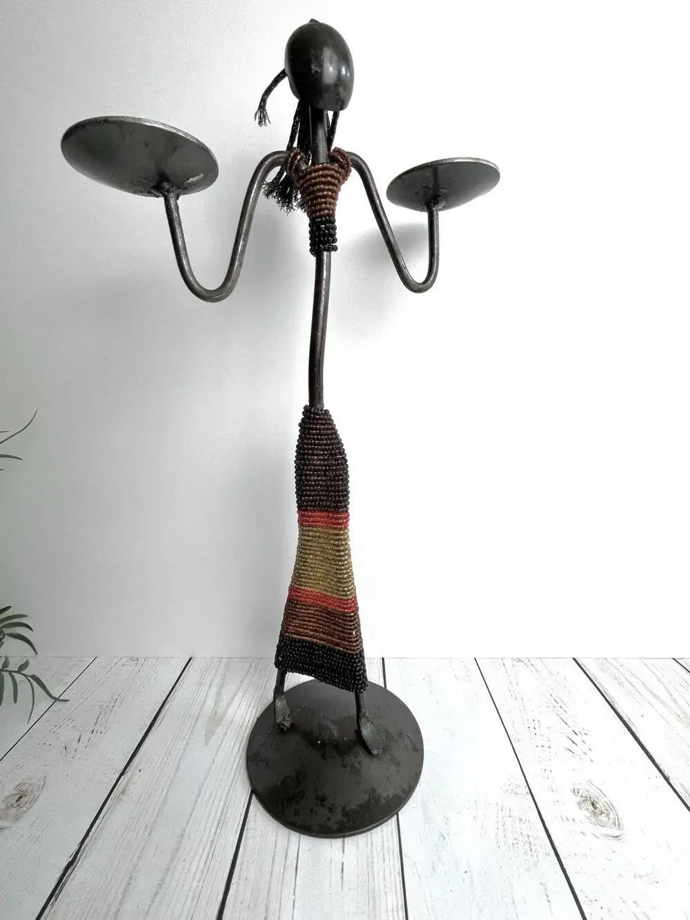 African Metal Beaded Candle Holder Sculpture Figurine Holds 2 Candles 15.5” Tall